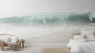 Aesthetic Indoor Bedroom Serene Nature Wallpaper 4K 2912x1632 Aesthetic, Indoor, Bedroom, Featuring, A, Serene, Ocean, Mural, Gentle, Waves, Complemented, Natural, White, Gray, Ultrawide, QHD