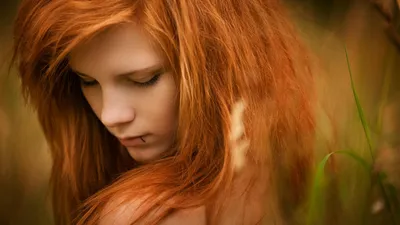Woman Model Vibrant Red Abstract Wallpaper 4K 1920x1080 A, Woman, Model, With, Vibrant, Red, Hair, Gazes, Downwards, Amidst, Soft, Blurred, Brown, Ultrawide, Full HD