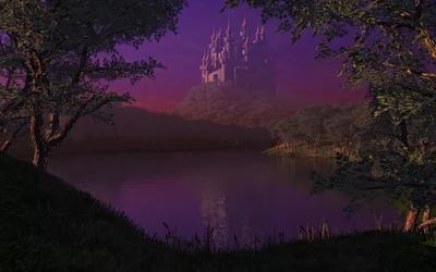 Fantasy Castle Towers Nature Wallpaper 4K 1920x1200 A, Fantasy, Castle, Towers, Over, Serene, Lake, Framed, Lush, Trees, Under, Twilight, Brown, Ultrawide, Full HD