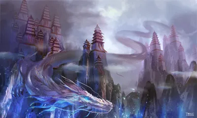 Majestic Chinese Dragon Glides Misty Fantasy Wallpaper 4K 2500x1500 A, Majestic, Chinese, Dragon, Glides, Through, Misty, Mountains, Grand, Castle, Perched, Atop, Gray, Ultrawide, Full HD