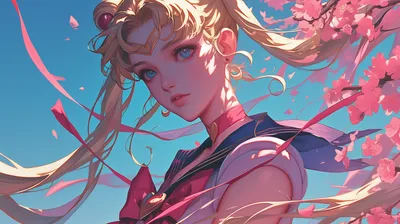 Sailor Moon Stylized Animated Character Space Wallpaper 4K 2912x1632 Hd, Sailor, Moon, Desktop, Wallpaper, Featuring, A, Stylized, Animated, Character, Cherry, Blossoms, Gray, Ultrawide, QHD