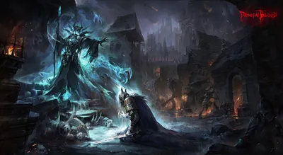 Dark Undead Necromancer Fantasy Wallpaper 4K 3000x1643 A, Dark, Undead, Necromancer, Sorcerer, Confronts, Kneeling, Knight, Warrior, Amid, Fiery, Ruined, Gray, Brown, Ultrawide, QHD