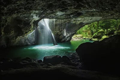 Dark Serene Wallpaper Nature Wallpaper 4K 3072x2048 A, Serene, Waterfall, Cascades, Through, Natural, Arch, Illuminated, Soft, Light, Surrounded, Lush, Gray, White, Landscape, QHD