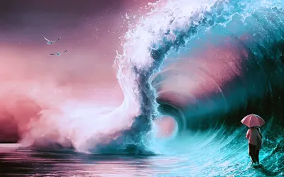Artistic Fantasy Ocean Wave Nature Wallpaper 4K 1920x1200 Artistic, Fantasy, Hd, Wallpaper, Featuring, An, Ocean, Wave, Approaching, Couple, Holding, Umbrella, White, Ultrawide, Full HD