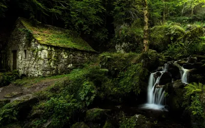 Stone Cabin Nestled Nature Wallpaper 4K 3840x2400 A, Stone, Cabin, Nestled, In, Lush, Greenery, Beside, Cascading, Waterfall, Captured, Stunning, Teal, Brown, Ultrawide, 4k