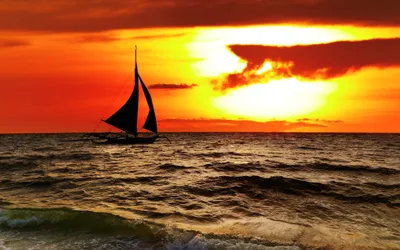Bright Sailing Wallpaper Nature Wallpaper 4K 3840x2400 A, Sailing, Boat, Glides, Across, The, Ocean, At, Sunset, Vibrant, Orange, Clouds, White, Ultrawide, 4k