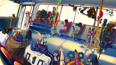 Bright Anime Wallpaper Abstract Wallpaper 4K 3543x1993 Anime-style, Hd, Desktop, Wallpaper, Depicting, A, Fantasy, Bus, Scene, Colorful, Characters, Vibrant, White, Ultrawide, QHD
