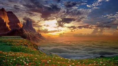 Vibrant Sunset Illuminates Fantasy Landscape Nature Wallpaper 4K 1920x1080 A, Vibrant, Sunset, Illuminates, Fantasy, Landscape, With, Colorful, Flowers, Foreground, Dramatic, Clouds, Brown, Ultrawide, Full HD