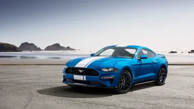 Sleek Blue Wallpaper Cars Wallpaper 4K 3840x2160 Blue, Ford, Mustang, Muscle, Car, With, White, Racing, Stripes, Parked, Beach, Captured, Ultrawide, 4k