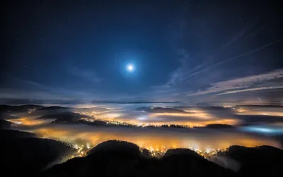 Serene Night Landscape Moonlit Nature Wallpaper 4K 3840x2400 A, Serene, Night, Landscape, Featuring, Moonlit, Sky, Above, Fog-covered, Valley, City, Lights, Brown, Ultrawide, 4k