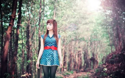 Asian Woman Blue Dress Red Nature Wallpaper 4K 2560x1600 Asian, Woman, In, A, Blue, Dress, With, Red, Belt, Stands, Serene, Forest, White, Ultrawide, QHD