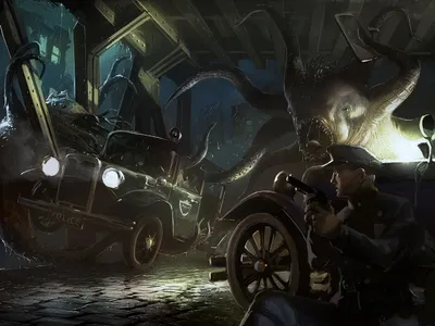 Dark Giant Tentacled Creature Cars Wallpaper 4K 1575x1181 Dark, Hd, Pc, Desktop, Wallpaper, And, Background, Showing, Giant, Tentacled, Creature, Looming, Brown, Gray, Landscape