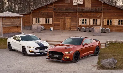 Vibrant Two Wallpaper Cars Wallpaper 4K 4096x2447 Two, Ford, Mustang, Muscle, Cars, One, Orange, And, White, Blue, Stripes, Parked, Gray, Ultrawide, 4k