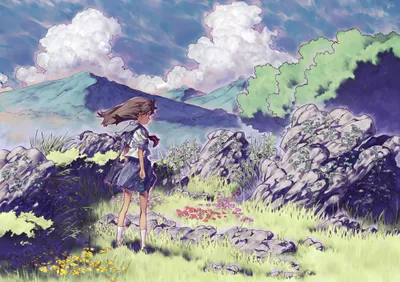 Anime Girl Standing Vibrant Nature Wallpaper 4K 2000x1414 Hd, Anime, Desktop, Wallpaper, Featuring, An, Girl, Standing, Vibrant, Rocky, Meadow, Under, White, Landscape, Full HD