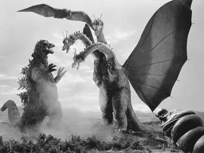 Black White Movie Godzilla Clashes Black/Dark Wallpaper 4K 1600x1200 Black-and-white, Movie, Hd, Pc, Desktop, Wallpaper, Godzilla, Clashes, Ghidorah, Three-headed, Monster, Wings, White, Landscape