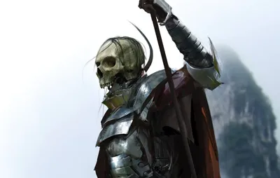 Dark Warrior Detailed Black/Dark Wallpaper 4K 1920x1221 A, Dark, Warrior, In, Detailed, Armor, With, Skull, Head, Holding, Weapon, Against, White, Ultrawide, Full HD