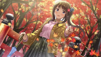 Anime Original Girl Autumn Nature Wallpaper 4K 1920x1080 Hd, Anime-style, Original, Artwork, Featuring, A, Girl, In, Autumn, Foliage, Holding, Umbrella, Brown, Orange, Gray, Ultrawide, Full HD