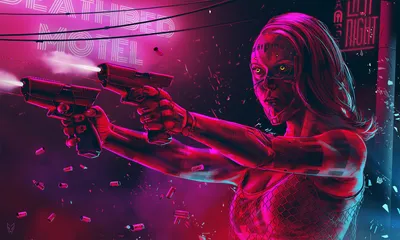 Neon Lit Cyberpunk Cyborg Technology Wallpaper 4K 1700x1020 A, Neon-lit, Cyberpunk, Scene, Features, Cyborg, Woman, Wielding, Pistols, Set, Against, Backdrop, Brown, Red, Ultrawide