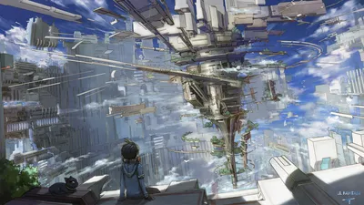 Calm Anime Wallpaper World Wallpaper 4K 1920x1080 Hd, Anime, Cityscape, Wallpaper, With, A, Futuristic, Floating, Structure, Sky, Character, Black, White, Gray, Ultrawide, Full HD