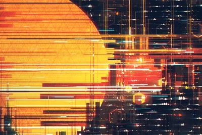 Sci City Overlaid Technology Wallpaper 4K 1920x1280 Hd, Wallpaper, Of, A, Sci‑fi, City, Overlaid, With, Glowing, Sun, Featuring, Vibrant, Orange, Purple, Landscape, Full HD