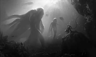 Black White Underwater Fantasy Animals Wallpaper 4K 2560x1514 Black, And, White, Underwater, Fantasy, Scene, Featuring, Mysterious, Large, Octopus-like, Creatures, Fish, Gray, Ultrawide, QHD