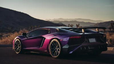 Purple Supercar Scenic Cars Wallpaper 4K 3840x2160 Purple, Lamborghini, Aventador, Sv, Supercar, Parked, On, A, Scenic, Mountain, Road, Sunset, Gray, Ultrawide, 4k