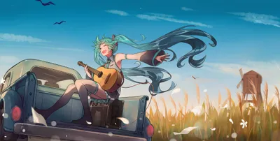 Serene Hatsune Wallpaper Nature Wallpaper 4K 4489x2265 Hatsune, Miku, The, Popular, Vocaloid, Character, Joyfully, Plays, Small, Guitar, While, Sitting, Brown, Gray, Ultrawide, 4k