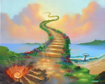 Sleek Fantasy Wallpaper Nature Wallpaper 4K 2118x1692 A, Fantasy, Painting, Featuring, Staircase, Covered, In, Flowers, Leading, Sky, Set, Against, White, Pink, Square, Full HD