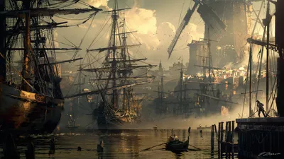 Epic Fantasy Wallpaper World Wallpaper 4K 2560x1440 Hd, Wallpaper, Featuring, A, Fantasy, Cityscape, With, Tall, Ships, Dock, Windmill, Industrial, Gray, Ultrawide, QHD