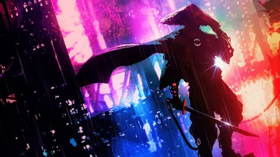Dreamy Vibrant Wallpaper World Wallpaper 4K 3840x2160 A, Vibrant, 4k, Ultra, Hd, Fantasy, Samurai, Silhouette, Stands, Against, Neon-lit, Urban, White, Ultrawide