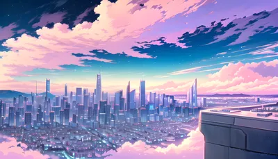 Anime Cityscape Sunset World Wallpaper 4K 3584x2048 Hd, Anime-style, Cityscape, At, Sunset, With, Vibrant, Pink, Blue, Skies, Created, Art, White, Ultrawide, QHD