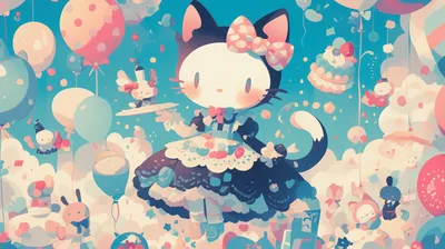 Serene Hello Wallpaper Abstract Wallpaper 4K 2912x1632 Hd, Desktop, Wallpaper, Featuring, Hello, Kitty, In, A, Whimsical, Sanrio-themed, Setting, Balloons, Pink, Yellow, White, Ultrawide, QHD