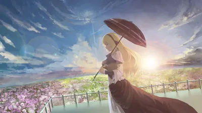 Serene Anime Blonde Figure Holding Nature Wallpaper 4K 2560x1440 A, Serene, Anime, Scene, Featuring, Blonde, Figure, Holding, Umbrella, Set, Against, Vibrant, Gray, Ultrawide, QHD