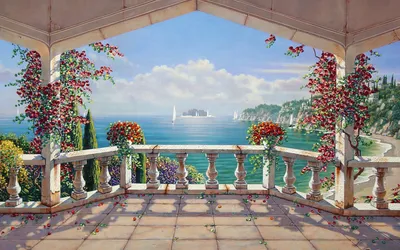 Artistic Painting Sunlit Terrace Nature Wallpaper 4K 1920x1200 Artistic, Painting, Of, A, Sunlit, Terrace, Overlooking, Serene, Coastal, View, Vibrant, Flowers, White, Gray, Ultrawide, Full HD