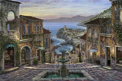 Captivating Artistic Painting Coastal Village World Wallpaper 4K 2400x1601 A, Captivating, Artistic, Painting, Of, Coastal, Village, Featuring, Charming, Architecture, Tranquil, Fountain, Gray, Landscape, Full HD