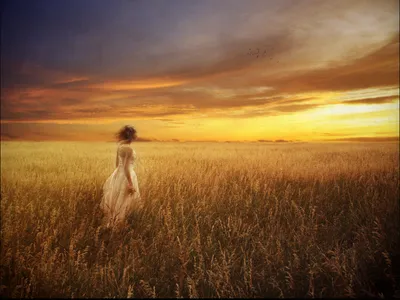Vivid Woman Wallpaper Nature Wallpaper 4K 1400x1050 A, Woman, In, Flowing, Dress, Stands, Golden, Field, Under, Dramatic, Sunset, Sky, Orange, Brown, Landscape