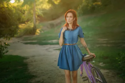 Model Tattoo Redhead Dress Abstract Wallpaper 4K 2560x1707 Model, Tattoo, Redhead, Dress, Bicycle, Maria, Larina, Woman, Mood, Desktop, Gray, Orange, Landscape, QHD