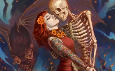 Vivid Vibrant Wallpaper Black/Dark Wallpaper 4K 1920x1200 A, Vibrant, Tattooed, Redhead, Dances, With, Skeleton, Against, Dark, Atmospheric, Creating, Captivating, Gray, Brown, Ultrawide, Full HD