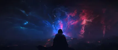 Dreamy Figure Wallpaper Nature Wallpaper 4K 2510x1080 A, Figure, Silhouetted, Against, Vivid, Fantasy, Landscape, Swirling, Dark, Clouds, Bright, Blue, Brown, Ultrawide, Full HD