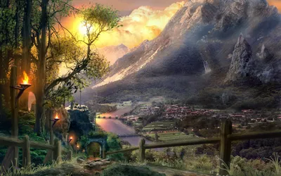 Fantasy Village Nestled River Nature Wallpaper 4K 1680x1050 A, Stunning, Fantasy, Village, Nestled, By, River, Surrounded, Majestic, Mountains, Lush, Trees, Gray, Ultrawide