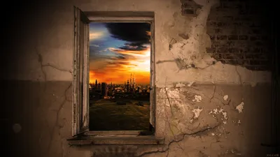 Artistic Cityscape Framed Open World Wallpaper 4K 1920x1080 An, Artistic, Cityscape, Framed, By, Open, Window, Showcasing, Stunning, Sunset, Vibrant, Colors, Brown, Ultrawide, Full HD