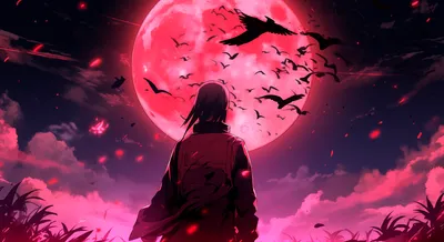 Itachi Uchiha Silhouette Crimson Space Wallpaper 4K 2912x1590 Itachi, Uchiha, Silhouette, Against, A, Crimson, Moon, With, Crows, Flying, Backdrop, Anime, Pink, Red, Ultrawide, QHD