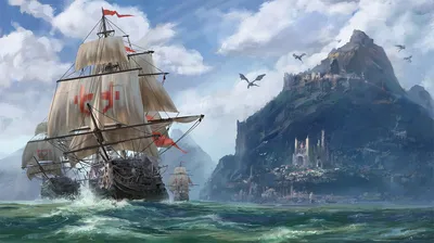 Fantasy Ship Sailing Near World Wallpaper 4K 1920x1075 Hd, Wallpaper, Of, A, Fantasy, Scene, Featuring, Ship, Sailing, Near, Mountainous, Island, White, Ultrawide, Full HD