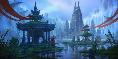 Epic Serene Wallpaper Fantasy Wallpaper 4K 2500x1255 A, Serene, Fantasy, Scene, Featuring, Monk, Near, Tranquil, Water, Surrounded, Intricate, Temple, Gray, White, Ultrawide, Full HD