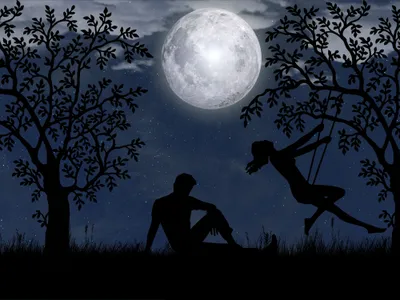 Dark Artistic Silhouette Romantic Space Wallpaper 4K 4000x3000 A, Dark, Artistic, Silhouette, Of, Romantic, Couple, Beneath, Glowing, Full, Moon, Framed, White, Gray, Landscape, 4k