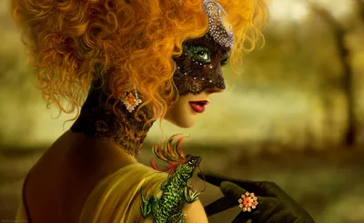 Crisp Glamorous Wallpaper Abstract Wallpaper 4K 2560x1568 A, Glamorous, Woman, With, Vibrant, Red, Hair, Adorned, Masquera, Mask, Jewelry, Elegant, Gray, Brown, Ultrawide, QHD