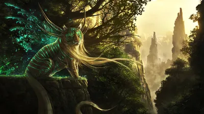 Fantastical Tiger Luminous Markings Animals Wallpaper 4K 1920x1080 A, Fantastical, Tiger, With, Luminous, Markings, And, Flowing, Hair, Sits, Atop, Rocky, White, Ultrawide, Full HD
