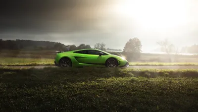 Vibrant Green Gallardo Cars Wallpaper 4K 3840x2173 A, Vibrant, Green, Lamborghini, Gallardo, Superleggera, Supercar, Parked, Grassy, Field, Under, Moody, White, Ultrawide, 4k