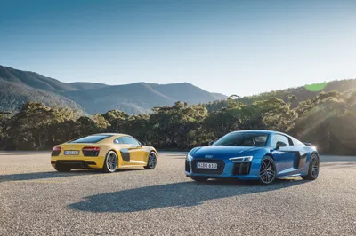 Two Supercars One Yellow Blue Cars Wallpaper 4K 4096x2732 Two, Audi, R8, Supercars, One, Yellow, And, Blue, Parked, Sunlit, Road, Mountains, Gray, White, Landscape, 4k