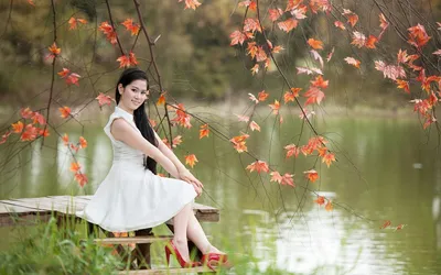 Serene Asian Wallpaper Nature Wallpaper 4K 1920x1200 Asian, Woman, In, A, White, Dress, Sitting, On, Bench, Tranquil, Lake, Framed, Ultrawide, Full HD